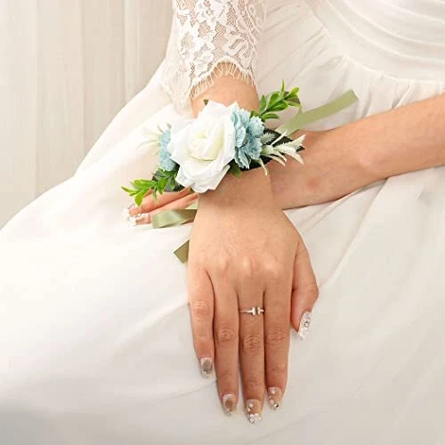 Latious White Wedding Bride Wrist Corsage Bridesmaids Wrist Flower Hand Flora...