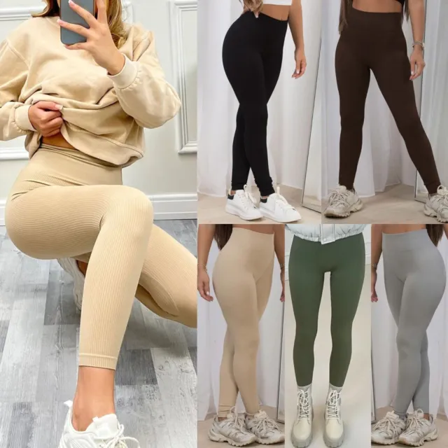 Womens High Waist Thick Seamless Ribbed Stretchy Leggings Ladies Jogging Bottoms