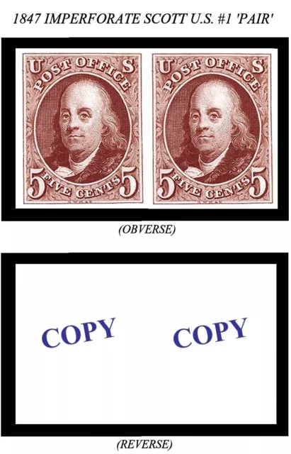 1847 5¢ Imperforate U.s. Scott #1 Pair -Reproduction-