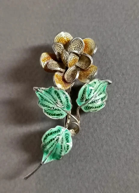 Broche Ancienne En Argent Massif 925 – Rose Filigrane émaillé, Occasion Bon état
