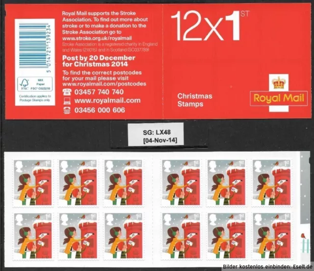 GB 2014 £7.44 Christmas Booklet, 12 x 1st Self-adhesives, Walsall. S.G. LX48