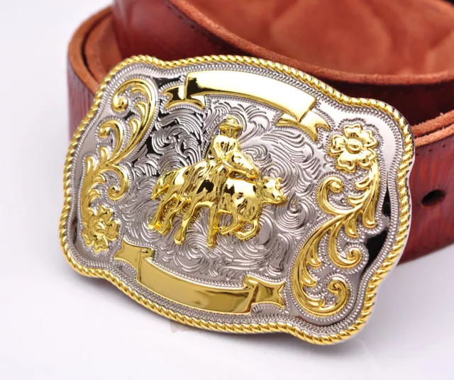 Bull Ride Rodeo Long Huge Rodeo Cowboy Western Gold Silver Shine Belt Buckle Men