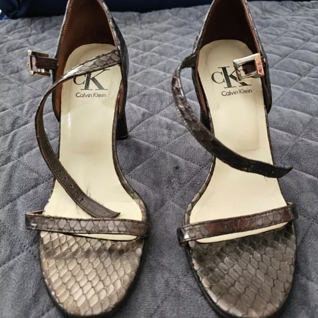 Calvin Klein Women Shoes Brown 5.5 Snake Leather Open toe Strap High Heels Pumps