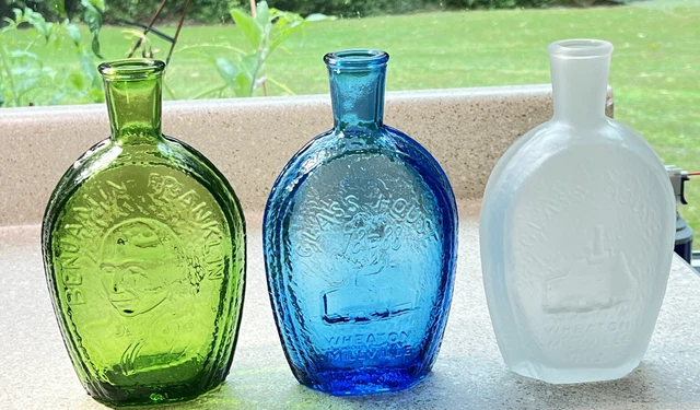 F740~ 3 Wheaton Benjamin Franklin Glass House 1888 Bottles Green Blue Frosted