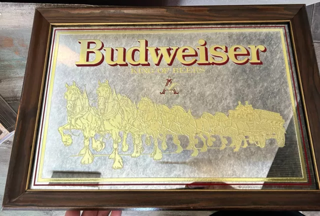 Vintage Budweiser Clydesdale Horses Gold Tone Glass Mirror 15x21