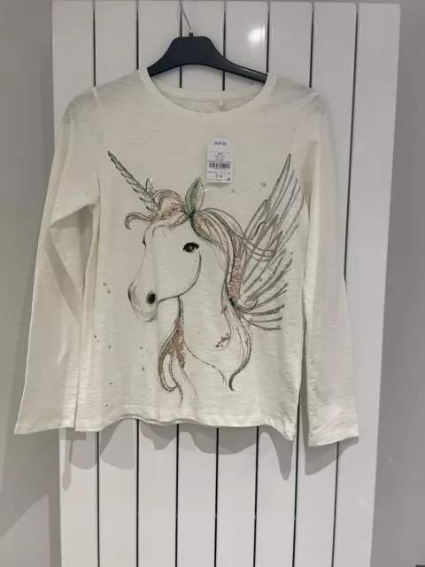 Next Girls Long Sleeve Ivory T-Shirt -Unicorn Design - Age 12 Years-New With Tag