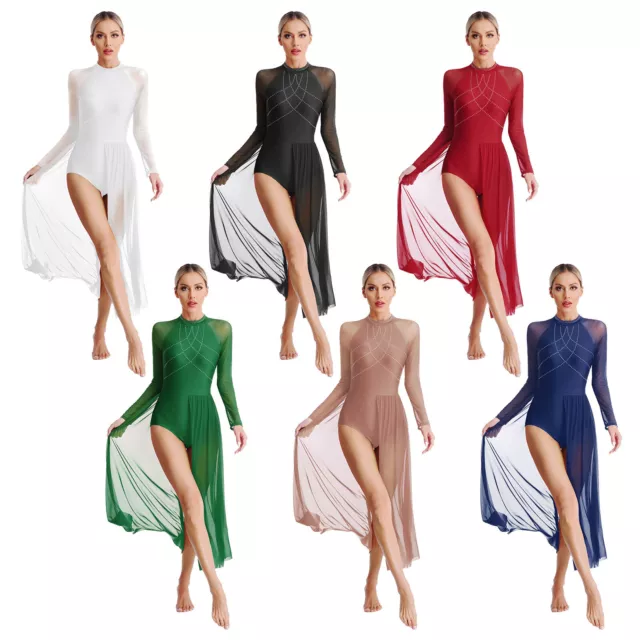 Womens Dress Sheer Dresses Long Sleeve Costume Mesh Dancewear Built-in Briefs
