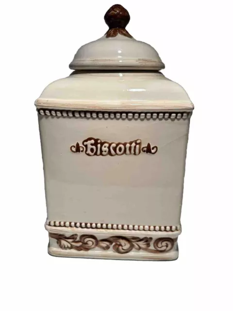 Nonni's Biscotti Cookie Jar Canister Square with Lid Brown Tan Cream