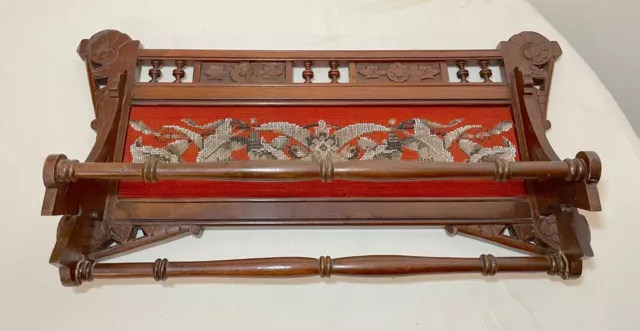 antique hand made carved Aesthetic beaded needlepoint wood wall towel rack