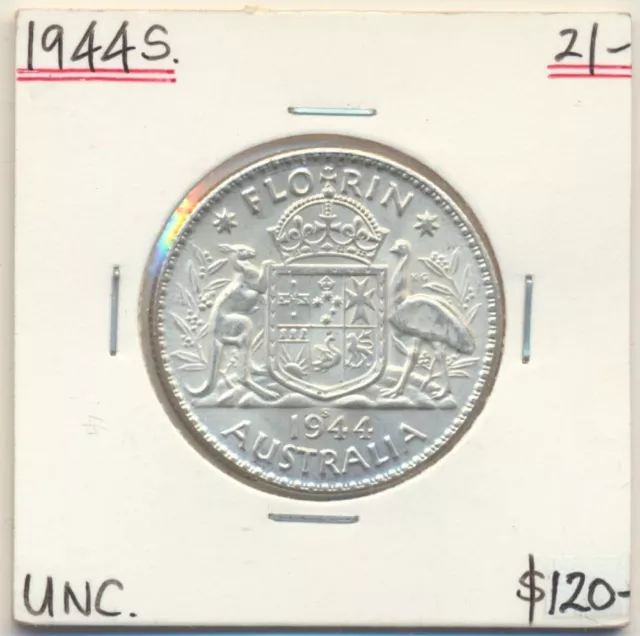 Australia: 1944-S Florin KGVI silver Two Shillings 2/- Cat $100 UNC