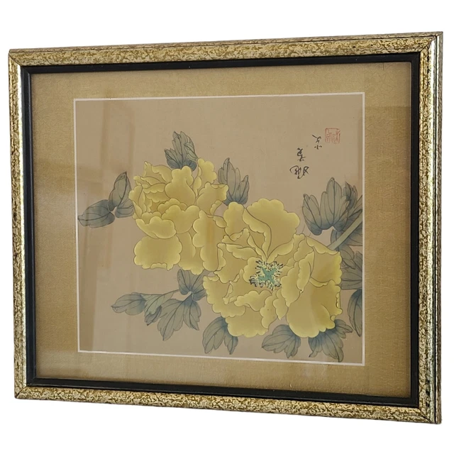 Hand Painted Silk Art Asian Floral Framed Chinoiserie