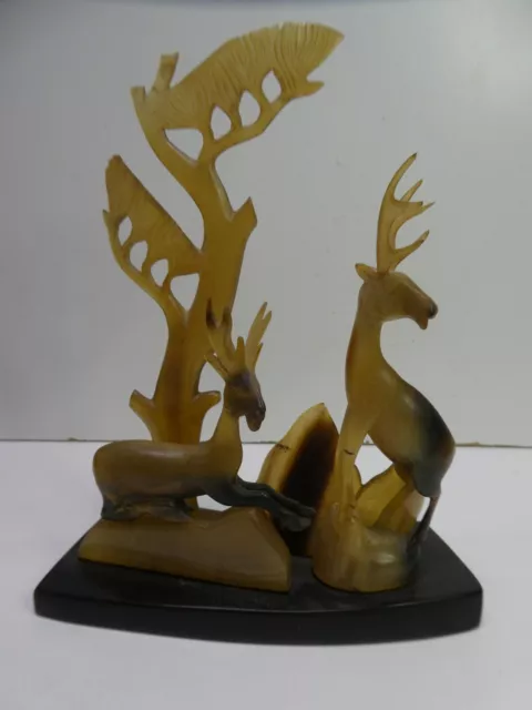 Antique Carved Moulded Horn Statue Deer And Trees