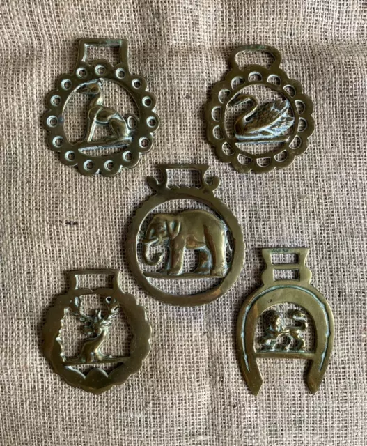 Collection of 5 Vintage Animal Related Horse Brasses, Elephant, Greyhound etc