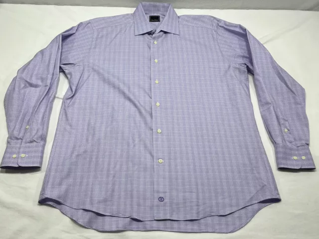 David Donahue 16.5 34/35 Dress Shirt Purple White Plaid 100% Cotton Casual Work