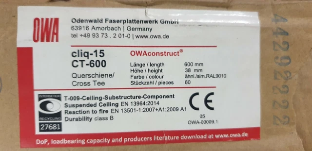 50er Pack weißes Kreuz-T-Shirt-Abschnitt, 600 mm x 15 mm abgehängtes Deckengitter Bar