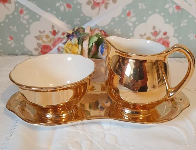 Vintage Crown Devon China Cream And Sugar On Tray Gold Lustre Afternoon Tea Room