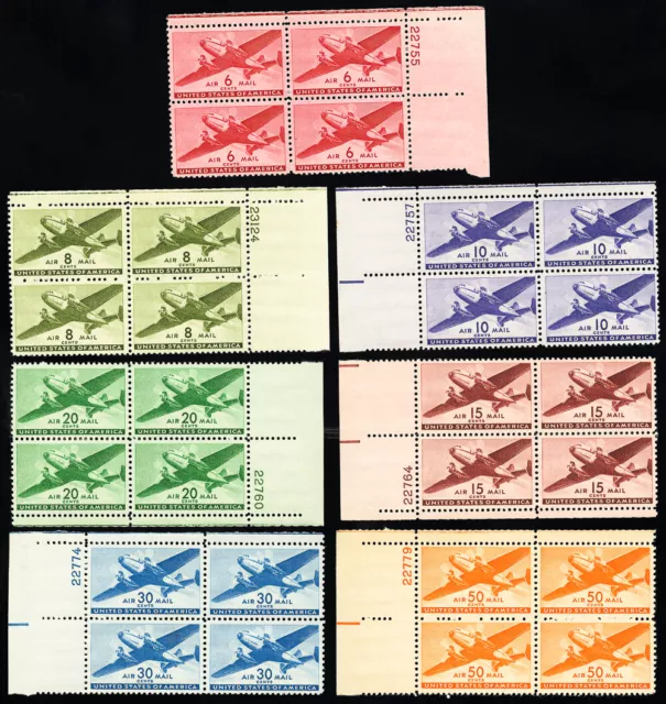 US Stamps # C25-31 MNH XF Airmail Fresh Set Of Plate Blocks