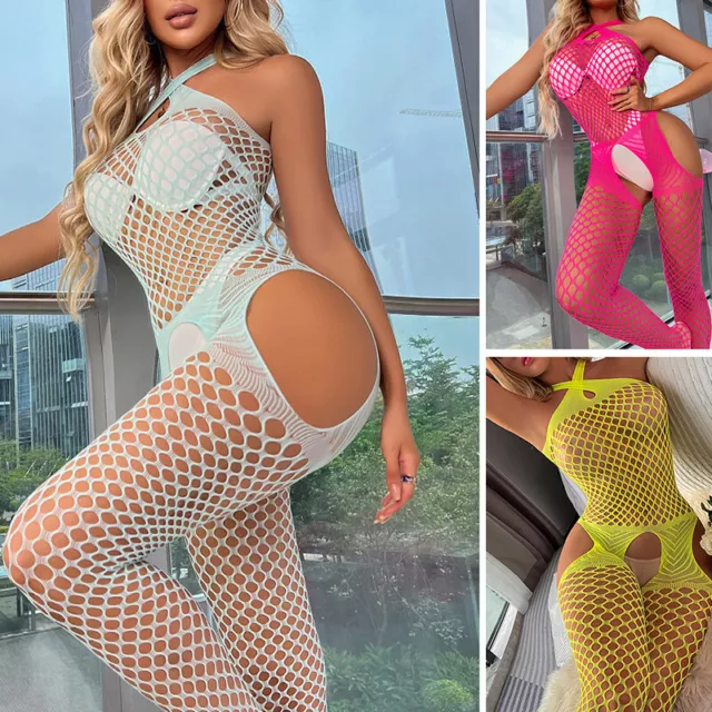 Sexy Lingerie Body Stocking Open Crotch Fishnet Halter Cut Out Bodysuit Sheer 2