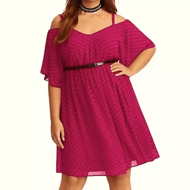 Torrid raspberry pink black polka dot cold shoulder flutter sleeve dress 1X