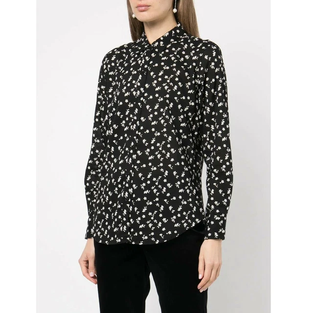 Nili Lotan Imprimé Floral Bouton vers le Bas Haut Chemisier Coton NOIR XS Neuf