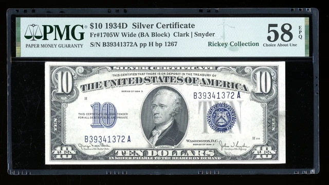 DBR 1934-D $10 Silver Wide Fr. 1705W PMG 58 EPQ Serial B39341372A