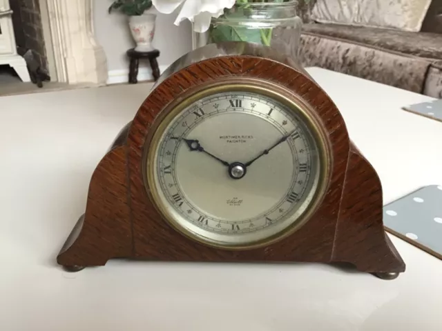 Sweet Little Edwardian Elliott London Oak 8 Day Mantel Clock with Brass Bun Feet