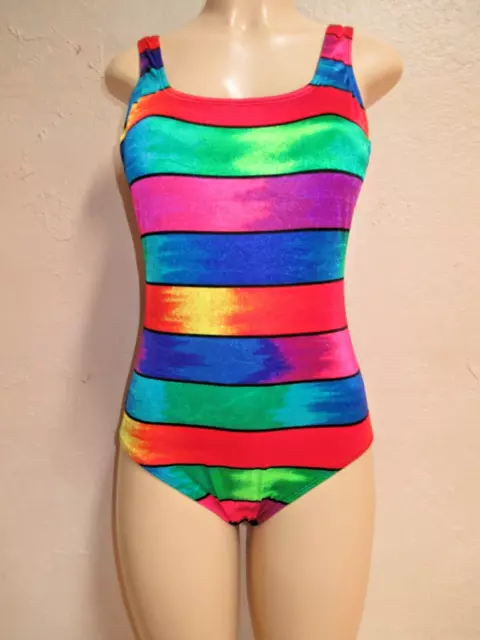 NEW Vintage Robby Len 80’s One Piece Swimsuit rainbow stripe bright size 10