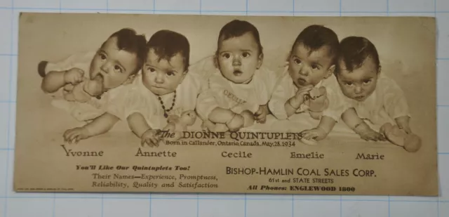 1935 Dionne Quintuplets Bishop-Hamlin Coal Chicago Advertisement Vintage
