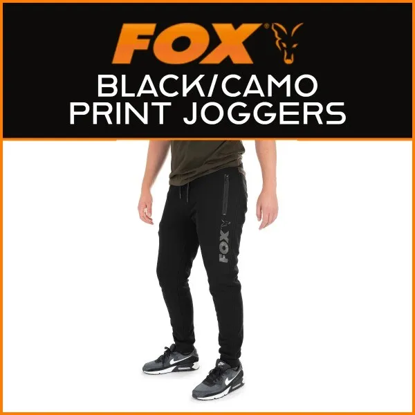 Fox Black/Camo Print Joggers - All Sizes | New - Carp Fishing Clothing Range