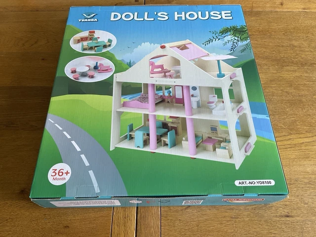 WOODEN DOLLHOUSE WITH Furniture and Accessories for Girls Kids Age 3 ...