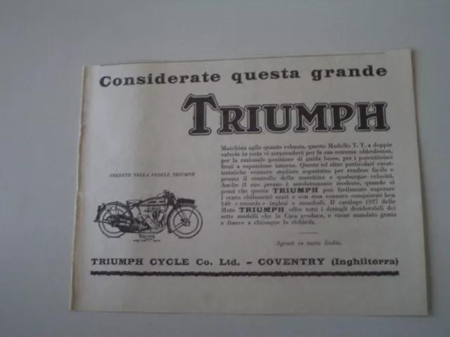 advertising Pubblicità 1927 MOTO TRIUMPH TYPE TT