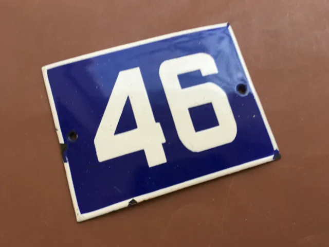 ANTIQUE VINTAGE FRENCH ENAMEL SIGN HOUSE NUMBER 46 DOOR GATE SIGN BLUE 1950's