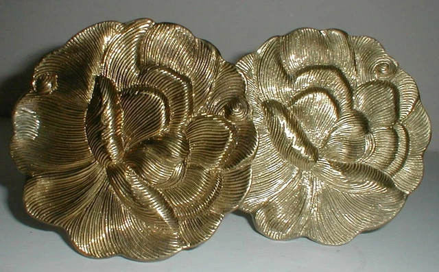 2 Brass Metal Gold Tone Drape Curtain Round Medallion Lotus Flower Tie Backs