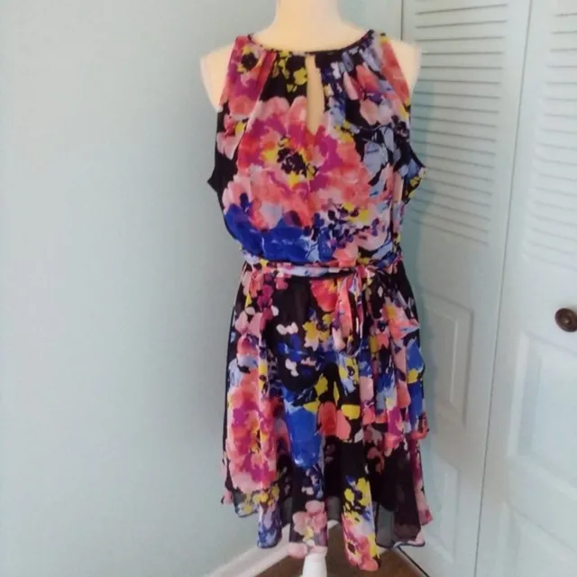 TAHARI by ASL Multi-Color Flowered Sleeveless Layered Tie Waist Dress, Size 16