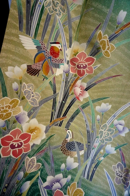 Japanese kimono  "HOUMONGI", Plants, Gold leaf, a Haze, Pale blue, L 5' 3"..3247 3