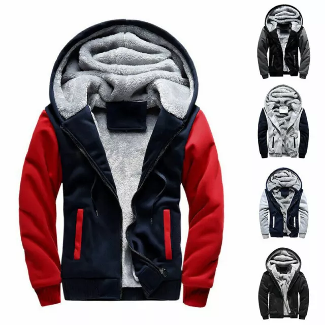 Mens Thick Fleece Fur Lined Hoodie Zip Up Winter Coat Jacket Outwear Tops #