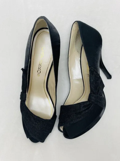 Caparros Women Peep Toe Black Satin Glitter Evening 3” Heels Size 9