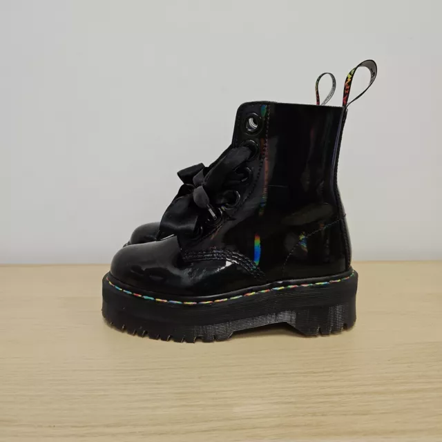 DR MARTENS MOLLY Rainbow Iridescent Platform Black Patent Boots Sz