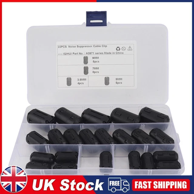 22x 3.5mm/5mm/7mm/9mm Ferrite Clip Ring Noise Filters Cable Connector Suppressor