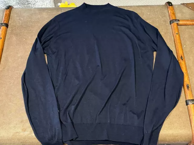 Genuine JOHN SMEDLEY Navy Blue Turtle Roll Neck 100% Merino Wool Jumper - Large