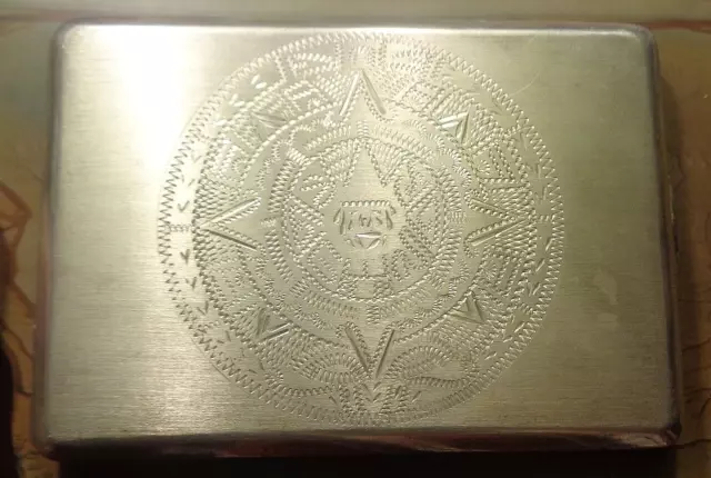 old Mexican sterling silver cigarette case with Aztec calendar engraving