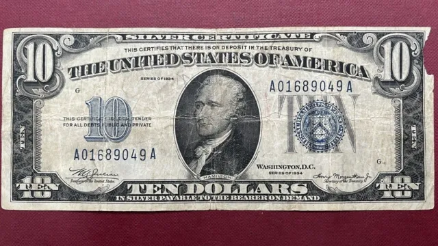 1934 Ten Dollar Silver Certificate Note $10 Bill Blue Seal Circulated #58855