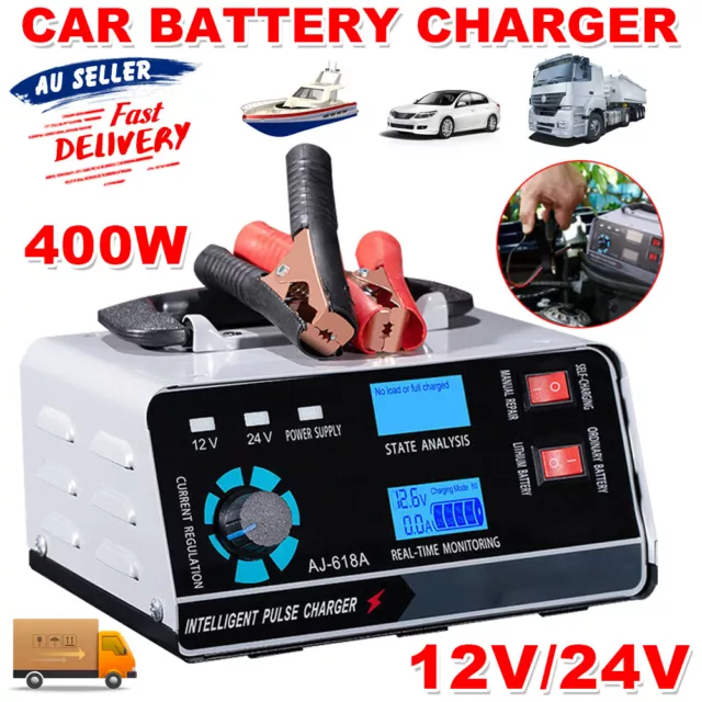 LCD 12V/24V Smart Automatic Car Battery Charger Boats Caravan Motorcycle Truck