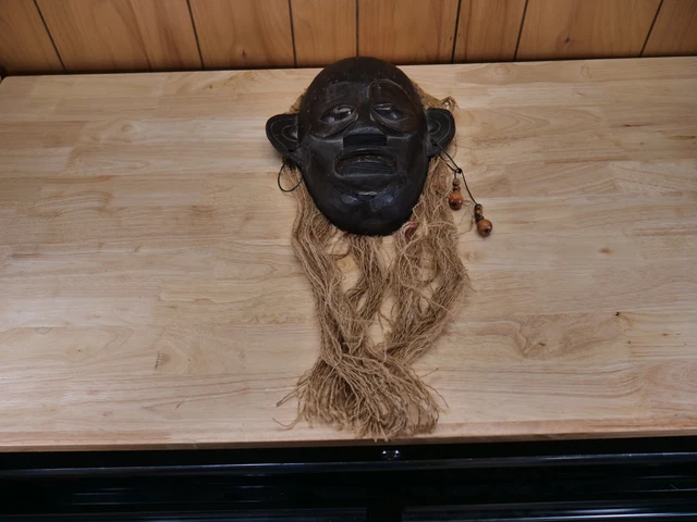 African Wood Carved Vintage Art Sculpture Ceremonial Tribal Mask With Hair.