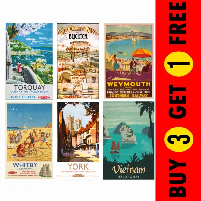 Vintage Retro Holiday Travel Railway Posters City Country Photo Print Wall Art-