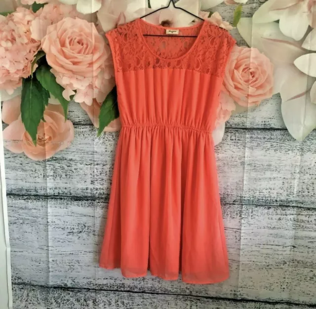 Jeanswest Orange Coral Dress Size 10 Sleeveless Elastic Waist Collarless Lace