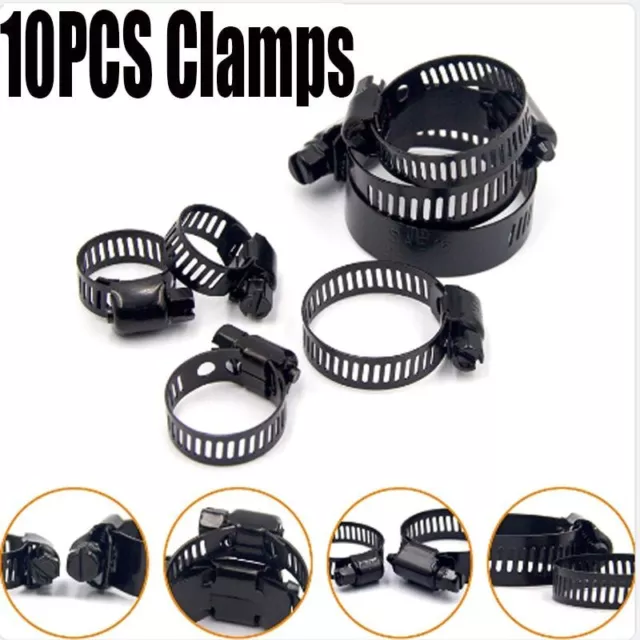 10Pcs Black Hose Clamps Kit Stainless Steel 6-38mm Worm Gear Spring Adjustable