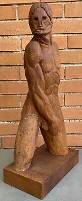 Large Vintage Hand-Carved Wood Nude Man Figural Sculpture Modern Art Signed Kahn