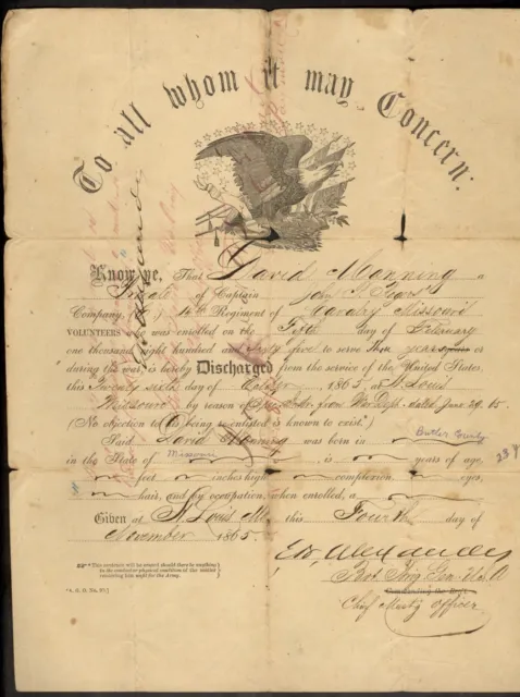 1865 Eagle Discharge Signed Twice by Brigadier General Edmund B. Alexander