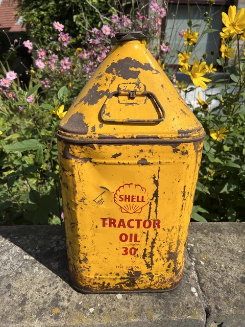VINTAGE SHELL TRACTOR Oil 5 Gallon Yellow Pyramid Can with Original Lid ...